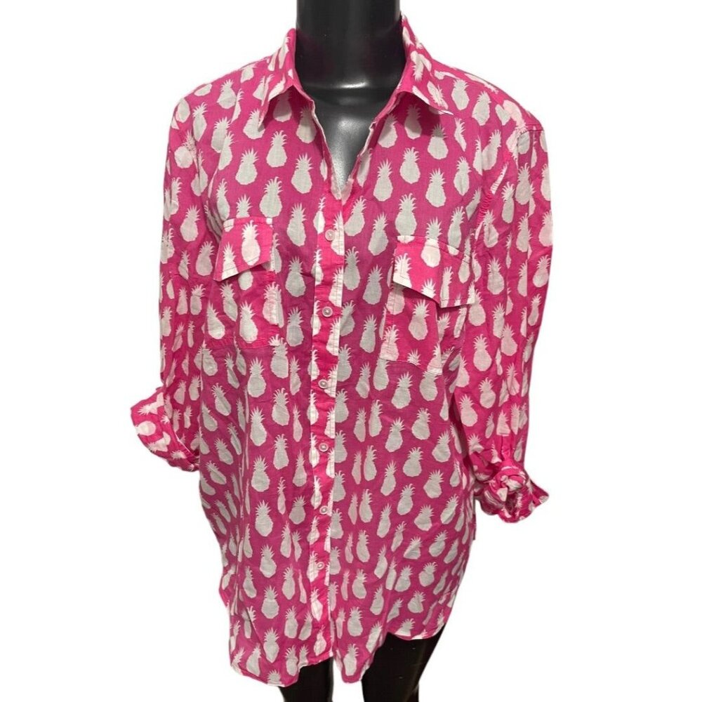 Large Talbots Womens Casual‎ Button Down Pineapple Print Cotton Shirt Pockets